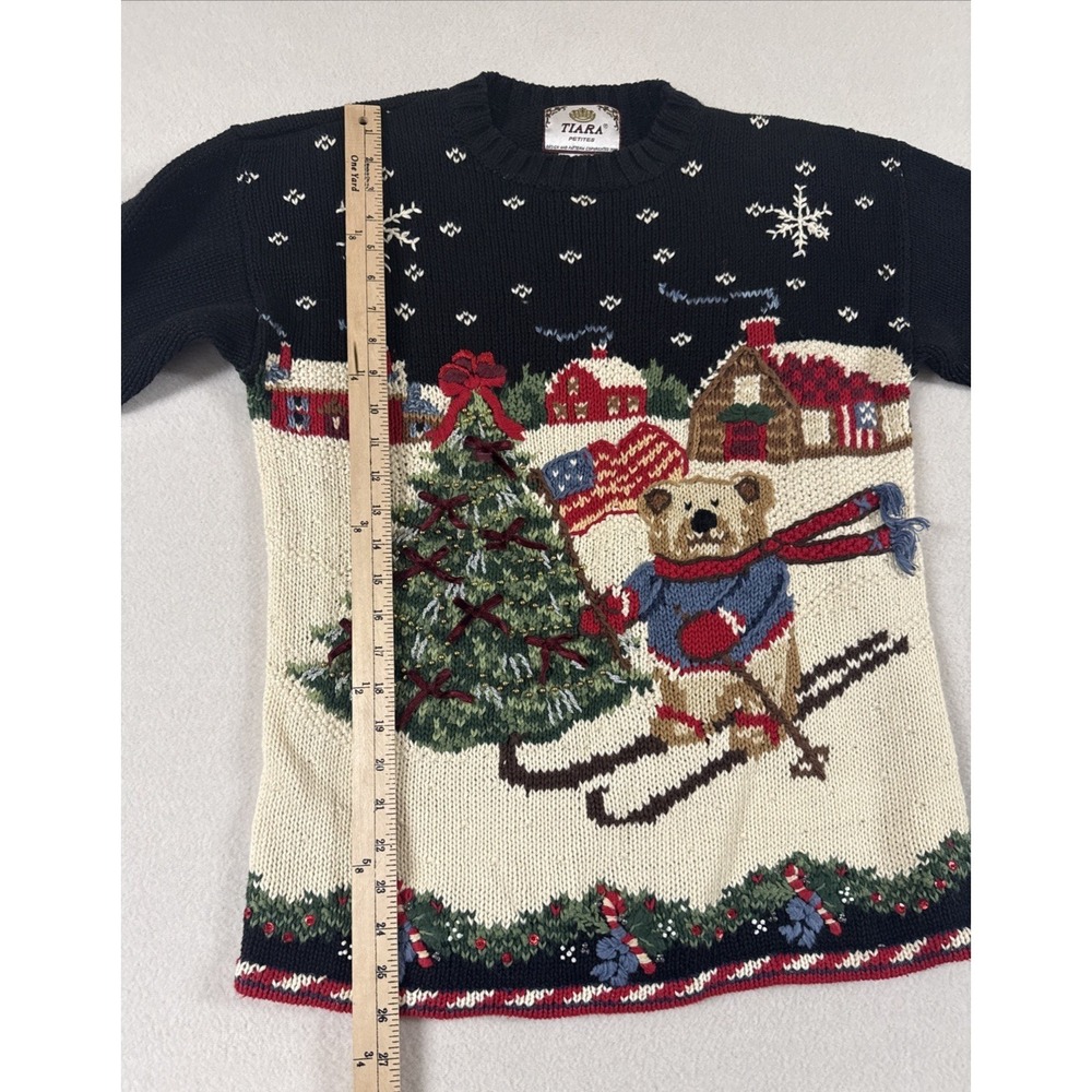 Vtg 90's Christmas Sweater Women's PMed 3D Patriotic Bear Skiing American Beaded - Picture 11 of 16